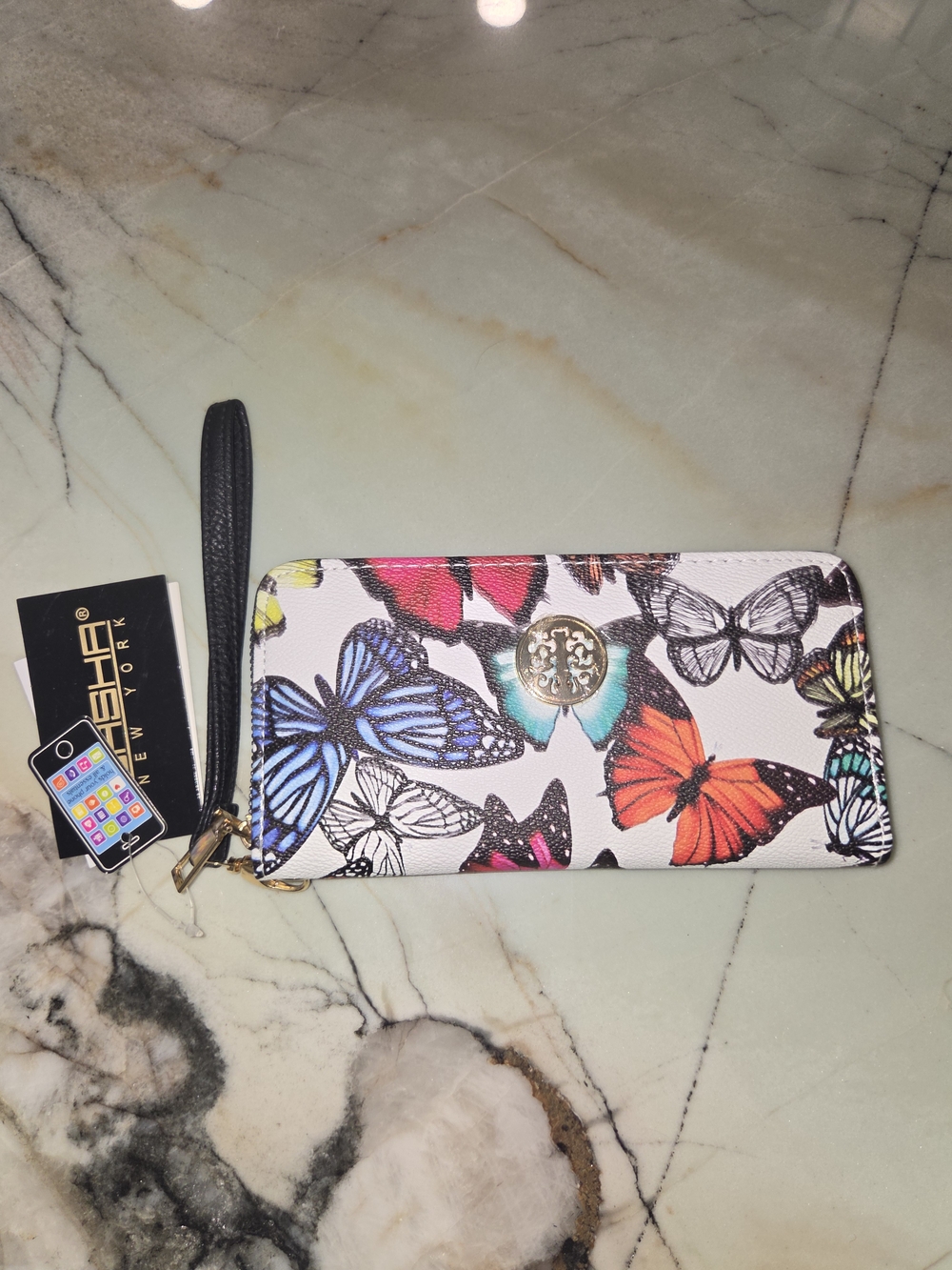 Wristlet Wallet with Colorful Butterfly Print - White/Multi